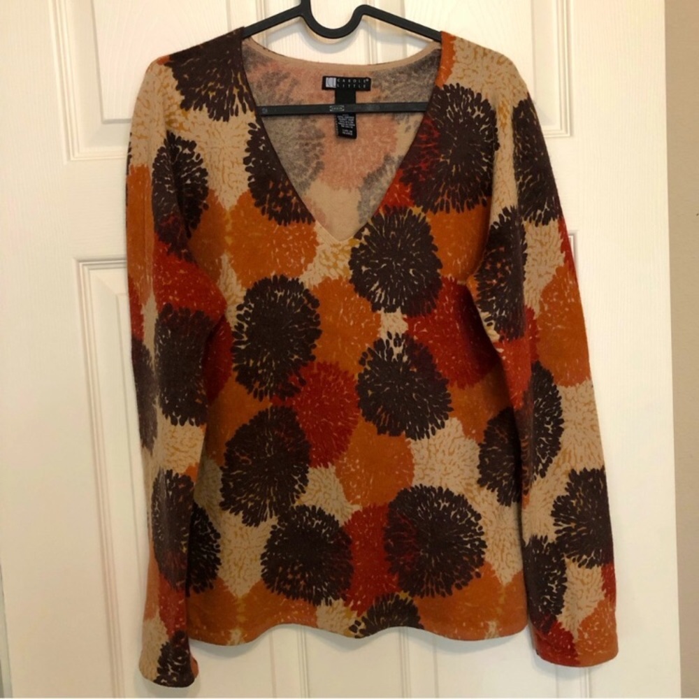 VTG Carole Little 70% Lambswool 20% Angora Abstract Flower V-Neck Fall Sweater